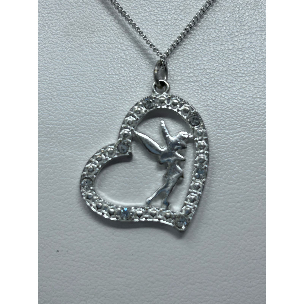 Disney Tinker Bell Heart Jeweled Silver Plated Necklace/Pendant 9" Long